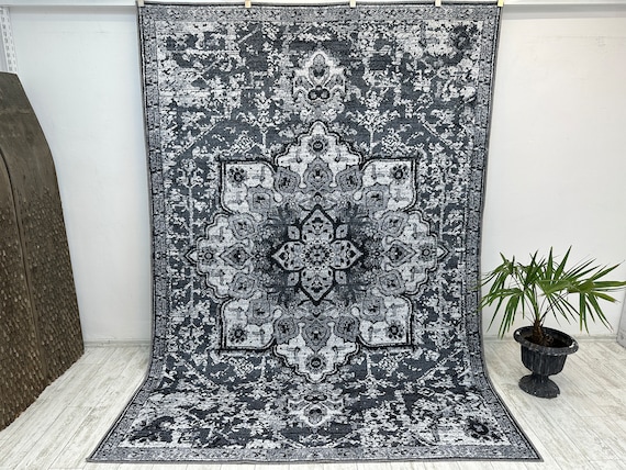 Black and White Moroccan Rug 7x10, Square Rug for Living Room 10x10,Oriental Rug Black White, 10x10 Black and White Rug, Modern Bedroom Rug