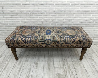 Rug Bench, Handmade Dining Table Bench, Turkish Rug Long Bedroom Ottoman Bench 18x18x43", Wood Bench, Sitting bench, Farmhouse Bench