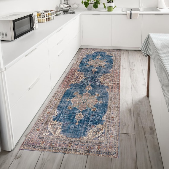 Blue Turkish Runner Rug 2x11 2x8 2x9 3x11 3x12, Boho Farmhouse Kitchen Runner Rug, Entryway Hallway Stair Runner Rug, Washable Doormat 2x3
