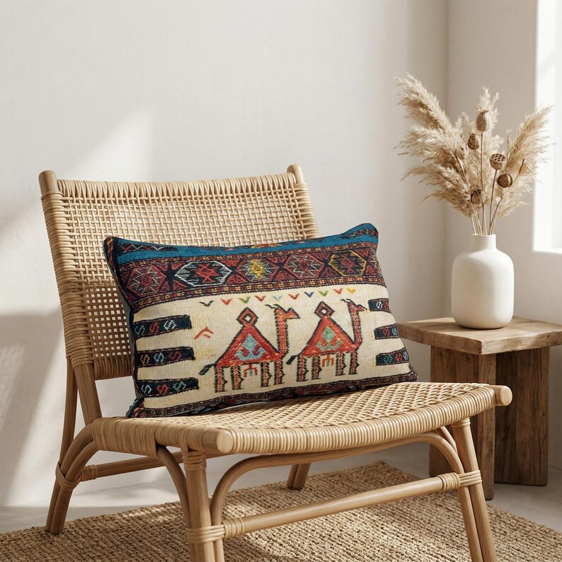 May include: A rectangular decorative pillow with a camel design. The pillow features a cream-colored background with two camels in red and blue. The top and bottom borders have intricate patterns in blue, red, and yellow. The pillow is placed on a wicker chair.