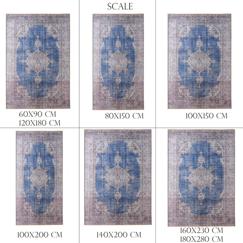 Op de afbeelding: Zes verschillende maten van een blauw en cr&egrave;mekleurig tapijt met een bloemenpatroon. Het tapijt is verkrijgbaar in de volgende maten: 60x90 cm, 120x180 cm, 80x150 cm, 100x150 cm, 100x200 cm, 140x200 cm, 160x230 cm en 180x280 cm.