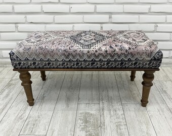 Entryway Ottoman Bench, Boho Bedroom Bench End Of Bed, Pink Farmhouse Bench, Vintage Footstool,Kilim Rug Upholstered Livingroom Bench 18x43"