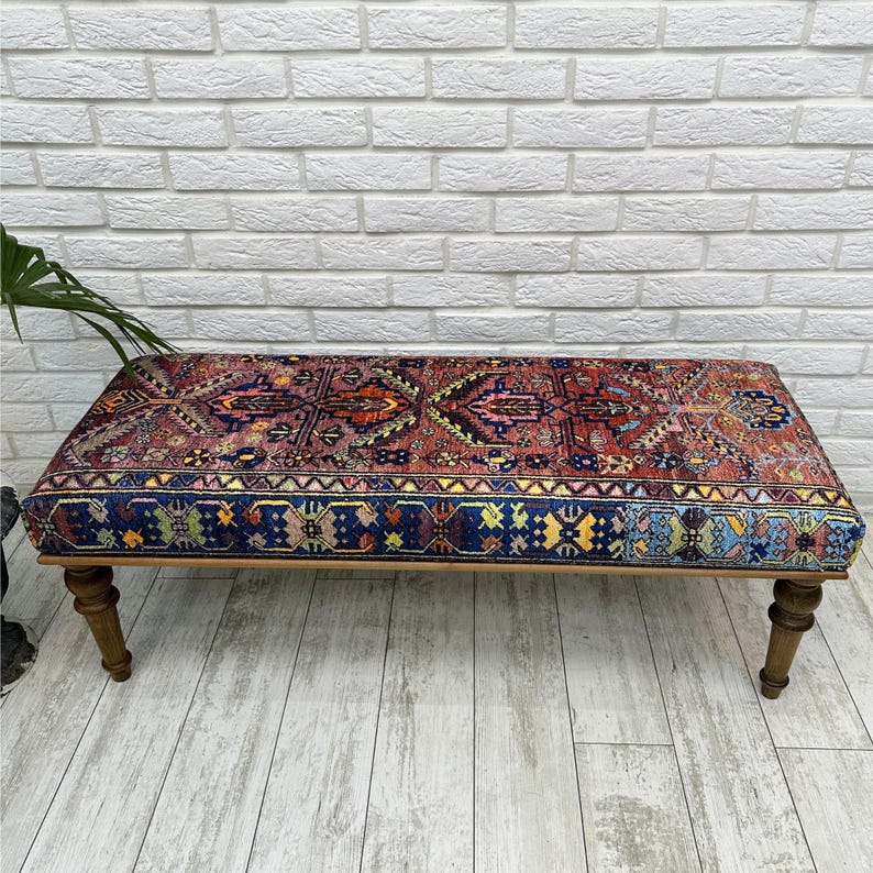 Ottoman Bench, Southwestern Bench, Piano Bench, End of Bed Bench, Bohemian Bench, Turkish Rug Upholstered Bench, Farmhouse Bench, 18x18x48"