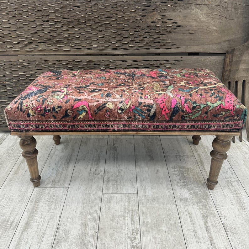 Pink Animal Print Ottoman Bench, Rug Upholstered Bench, Decorative Livingroom Bedroom Dining Entryrway Footstool, 18x18x48" Bohemian Bench