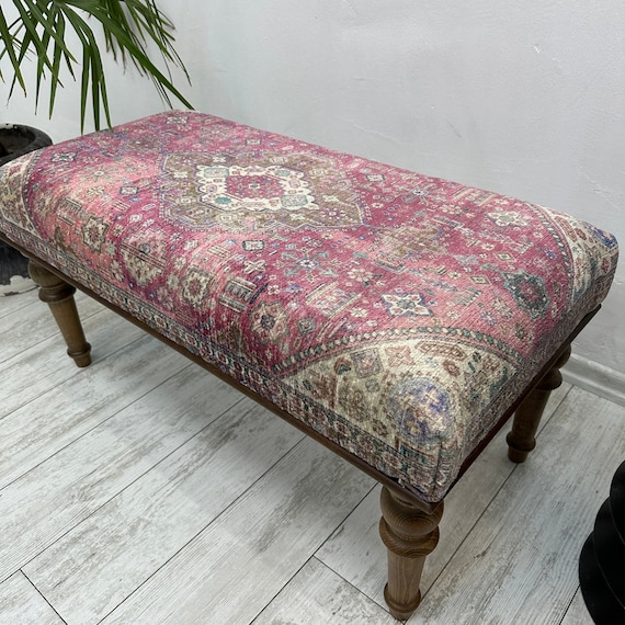 Upholstered Ottoman Bench 18x48", Bedroom Bench For Bed End, Boho Farmhouse Decor Bench, Persian Turkish Kilim Rug Bench, Entryway Footstool