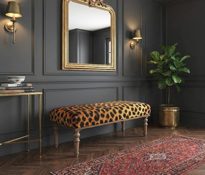 Leopard Design Bench, Leopard Pattern Rug Upholstered Ottoman Bench 48", Entry Footstool, Bedroom Bench Seat,Boho Livingroom Decor Furniture