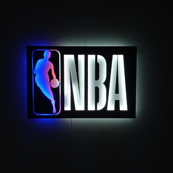 Enseigne LED en métal NBA, Logo LED NBA illuminé, Enseigne murale LED NBA, Décoration LED en tôle, Cadeau pour amateur de basket-ball, Pas de bois