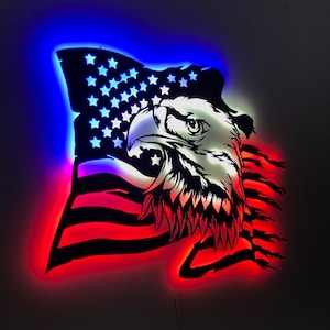 American Eagle Flag Metal Wall Decor, Led Lighted USA Flag, USA Eagle Led Wall Sign, Independence Day Wall Art, Patriotic Gift