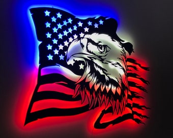 American Eagle Flag Metal Wall Decor, Led Lighted USA Flag, USA Eagle Led Wall Sign, Independence Day Wall Art, Patriotic Gift