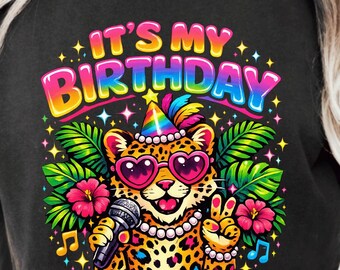 It's My Birthday luipaard T-shirt, neon retro feestbeest T-shirt tropische regenboog Cheetah schattige jungle vibes graphic T-shirt