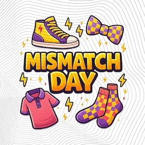 Mismatch Day PNG SVG: Divertente giornata pazza e kitsch png svg Abbigliamento colorato calzini scarpe papillon clipart (Download digitale)