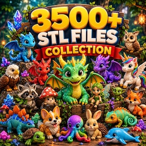 May include: A digital collection of 3500+ STL files featuring various 3D rendered creatures including a green dragon, blue dragon, red dragon, purple dragon, unicorn, owl, raccoon, fox, turtle, octopus, rabbit, and a fairy among colorful crystals.