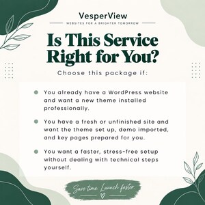 Może przedstawiać: Biała grafika informacyjna z ciemnozielonymi abstrakcyjnymi kształtami i ilustracjami liści. Tekst zawiera VesperView, Websites for a brighter tomorrow, Is This Service Right for You?, Choose this package if:, oraz Save time. Launch faster.