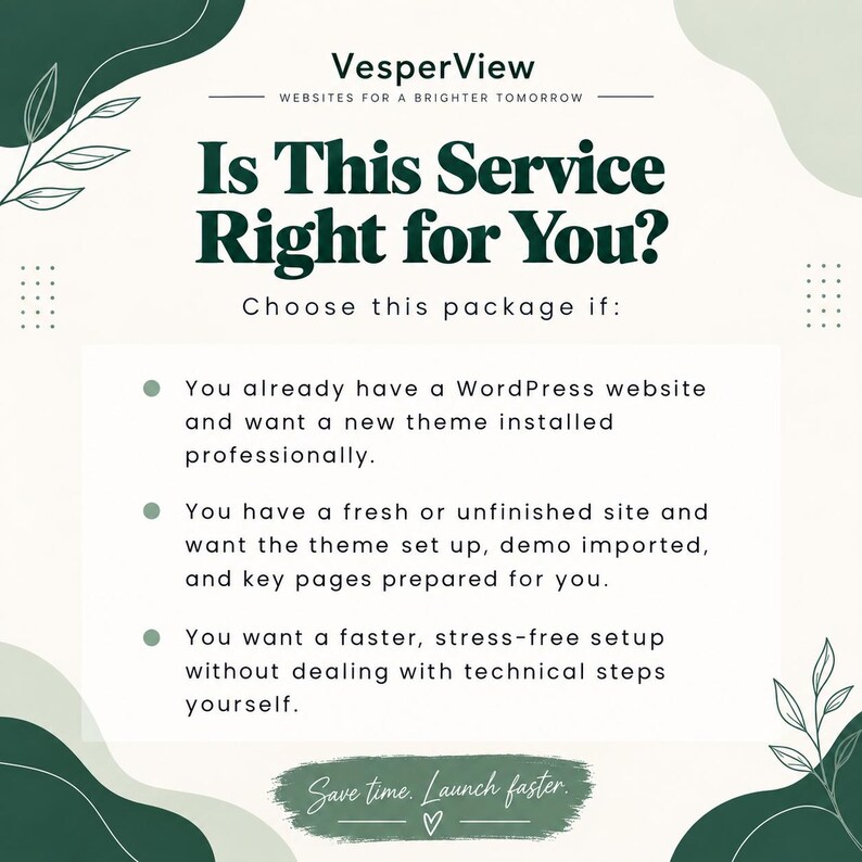Może przedstawiać: Biała grafika informacyjna z ciemnozielonymi abstrakcyjnymi kształtami i ilustracjami liści. Tekst zawiera VesperView, Websites for a brighter tomorrow, Is This Service Right for You?, Choose this package if:, oraz Save time. Launch faster.