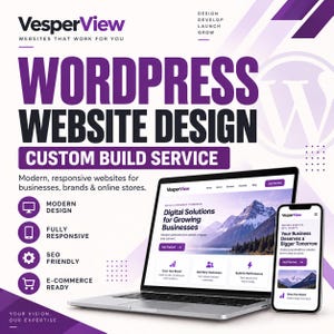Pode incluir: Um gráfico promocional para serviços de design de sites WordPress da VesperView com um laptop e um smartphone exibindo um site com imagens de montanhas. O texto inclui VesperView, WordPress Website Design, Custom Build Service e ícones.