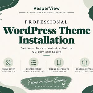 May include: A digital graphic advertisement for VesperView WordPress Theme Installation services. The design features dark green text on a cream background, including icons for theme setup, customisation, mobile responsiveness, and ongoing support.