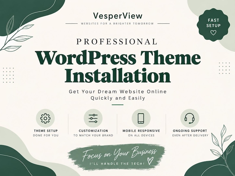Może przedstawiać: Cyfrowa grafika reklamowa usług instalacji motyw&oacute;w WordPress VesperView. Projekt zawiera ciemnozielony tekst na kremowym tle oraz ikony dotyczące konfiguracji motywu, dostosowywania, responsywności mobilnej i bieżącego wsparcia technicznego.