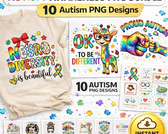 Autismebewustzijn png-bundel, 10 ontwerpen, neurodiversiteit shirtontwerp, puzzellint png, sublimatiebestanden, autisme moeder vader