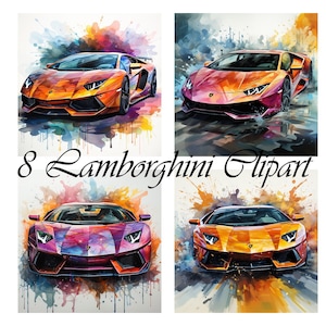 8 Lamborghini, carro esportivo, arte de parede, aquarela, png, sublimação, para download, para impressão, cartões de festa, 300 Dpi,