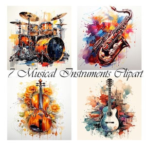 7 musical instruments, piano saxophone, drum, guitar, cello clipart, JPG, pagan, toucan, dragonfly, sublimation, downloadable, printable