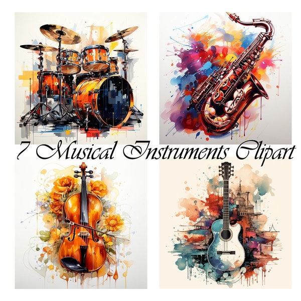 7 muziekinstrumenten, pianosaxofoon, drum, gitaar, cello clipart, JPG, heidens, toekan, libel, sublimatie, downloadbaar, afdrukbaar