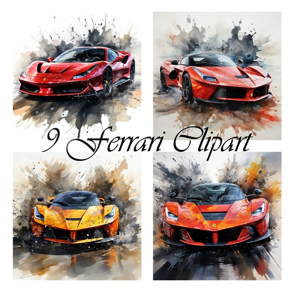 9 Ferrari, Sports car, wall art, watercolor, png, sublimation, downloadable, printable, party cards, 300 Dpi,