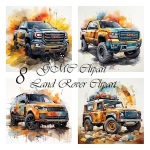 GMC & Land Rover Watercolor Clipart: 8 PNG Car Designs (Digital Download)