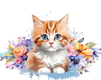 lindo gato, flores variadas, archivo transparente, diseño de camiseta, descarga digital, imprimible, sublimación, imágenes prediseñadas, archivo png