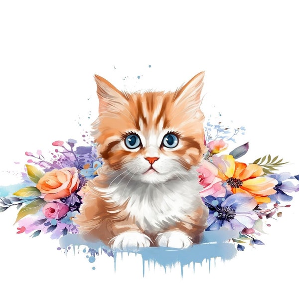 cute cat, assorted flowers, transparent file, t-shirt design, digital download, printable, sublimation, clipart, png file