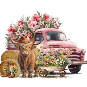 Rustikaler Metall-Pickup, langhaarige Highland Kuh, Cowboy Boot, Blumenwagen, digitaler herunterladbarer Druck, Sublimation, TRANSPARENTER Druck