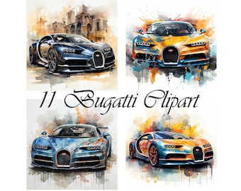 11 Bugatti, coche deportivo, arte de pared, acuarela, png, sublimación, descargable, imprimible, tarjetas de fiesta, 300 Dpi