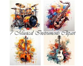 Musical Instruments Clipart: Piano, Guitar, Saxophone (JPG Digital Download)
