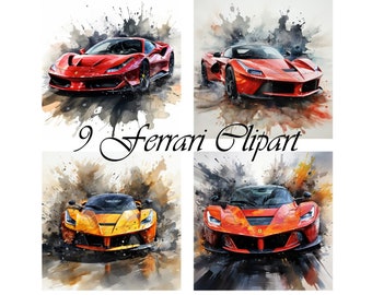 9 Ferrari, coche deportivo, arte de pared, acuarela, png, sublimación, descargable, imprimible, tarjetas de fiesta, 300 Dpi,