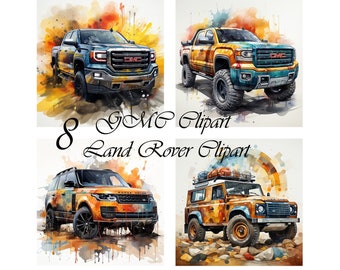 8 GMC y Land Rover, Auto deportivo, arte de pared, acuarela, png, sublimación, descargable, imprimible, tarjetas de fiesta, 300 Dpi,