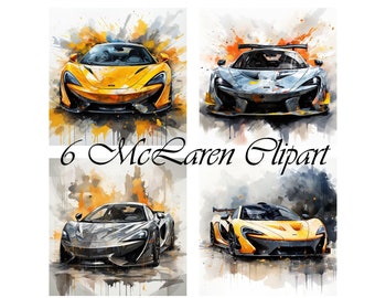 6 McLaren, coche deportivo, arte mural, acuarela, png, sublimación, descargable, imprimible, tarjetas de fiesta, 300 Dpi,