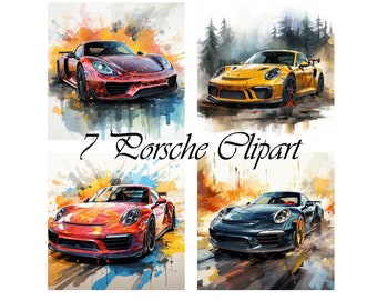 7 Porsche Watercolor Clipart: Sports Car PNG (Digital Download)