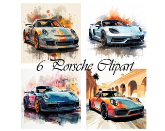 6 Porsche, Coche deportivo, arte de pared, acuarela, png, sublimación, descargable, imprimible, tarjetas de fiesta, 300 Dpi,