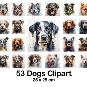 53 imágenes prediseñadas de cachorros en acuarela, imágenes prediseñadas de perros, cachorros, paquete de imágenes PNG de perros, mascotas, ilustraciones de razas de perros, imágenes prediseñadas de mascotas, conjunto de gráficos de cachorros