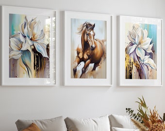 Galería de arte de pared conjunto de 3 impresiones, caballo y flores, arte de pared moderno, decoración de pared, imprimible, descargable, conjunto de impresión abstracta, póster de moda