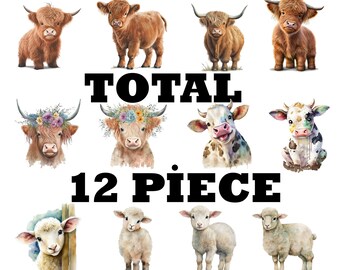 Highland Cow & Lamb Watercolor Clipart: 12 PNG Designs (Digital Download)