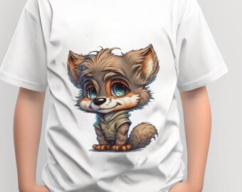 May include: A white t-shirt with a cartoon wolf illustration. The wolf is gray and brown with blue eyes. The wolf is sitting on its hind legs with its paws crossed.