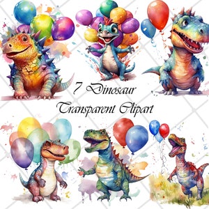 Watercolor Dinosaur Clipart: Birthday Balloons PNG (Digital Download)