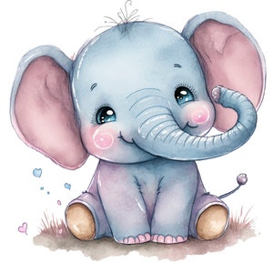 cute elephant cub, baby elephant, watercolor, t-shirt design, transparent file png, digital download, printable, sublimation, clipart, image 1