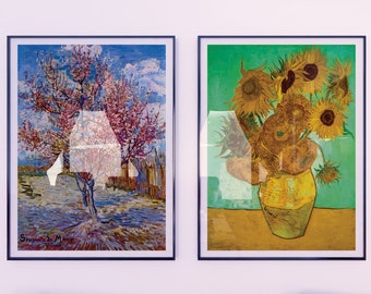 Stampa di Van Gogh, Pesco in fiore, Girasoli, Set di 2 pareti della galleria, Poster della mostra, Vincent Van Gogh, Set di arte da parete,