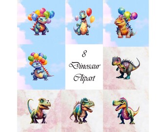 8 imágenes prediseñadas de dinosaurios y globos, imágenes prediseñadas de dinosaurios, imágenes prediseñadas de cumpleaños, JPG, elaboración digital, acuarela, uso comercial, descarga digital