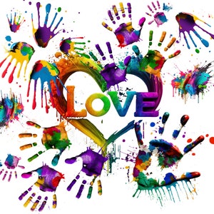LGBT kleurrijk geschilderde handen, kleurrijk hart, liefde geschreven, afdrukbaar, digitaal bestand, transparante png, downloadbaar, sublimatie, clipart