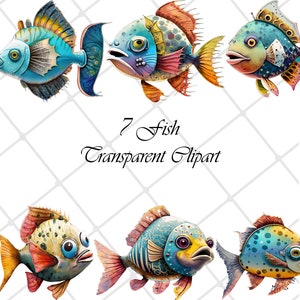 7 Watercolor Fish Clipart: Funny Fishing PNG (Digital Download)