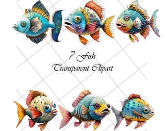 7 aquarel vissen clipart: grappige vissen png (digitale download)