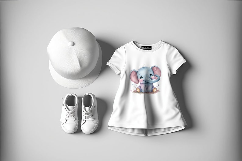 simpatico cucciolo di elefante, elefantino, acquerello, design t-shirt, file trasparente png, download digitale, stampabile, sublimazione, clipart, immagine 5