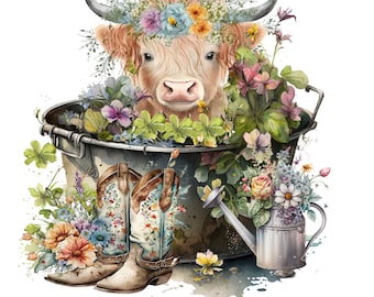 Floral Highland Cow PNG: Cowboy Boots Clipart (Digital Download)